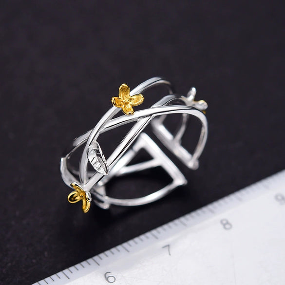 Women's 925 Sterling Silver Interwoven Flower Drop Ring With Pastoral Style And Electroplating Treatment