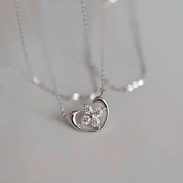 Women's 925 Sterling Silver 14K Gold Plated Necklace With Cross Small Flower Four Leaf Clover Elements And O Chain