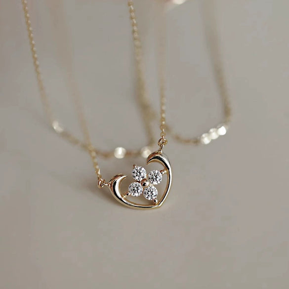 Women's 925 Sterling Silver 14K Gold Plated Necklace With Cross Small Flower Four Leaf Clover Elements And O Chain