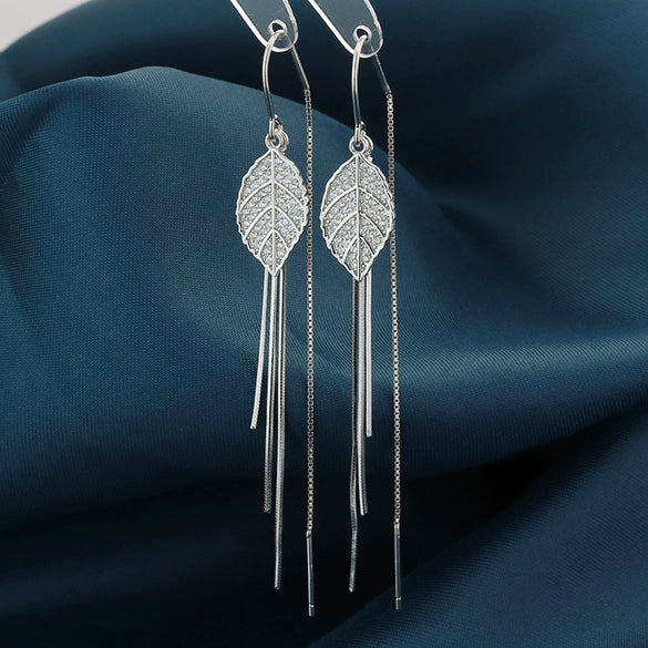 Women's 925 Sterling Silver Leaf Long Tassel Earrings Elegant Polished Dangle Earrings With Trendy Floral Inspired Design