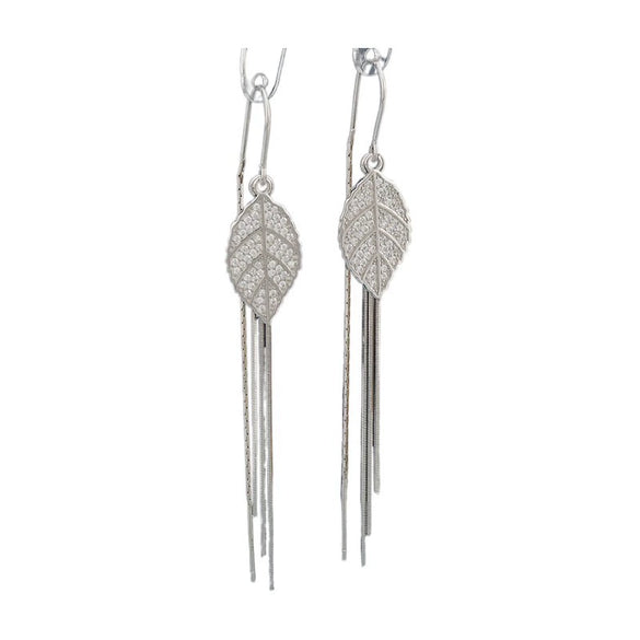 Women's 925 Sterling Silver Leaf Long Tassel Earrings Elegant Polished Dangle Earrings With Trendy Floral Inspired Design