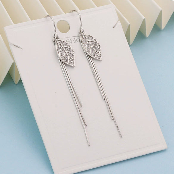 Women's 925 Sterling Silver Leaf Long Tassel Earrings Elegant Polished Dangle Earrings With Trendy Floral Inspired Design