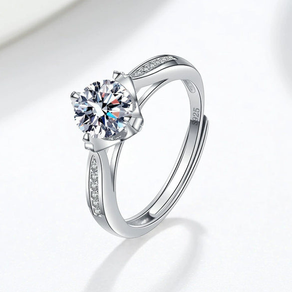 Women's Sterling Silver Moissanite Ring Four Prong Geometric Adjustable Open Band Electroplated Fine Jewelry Gift