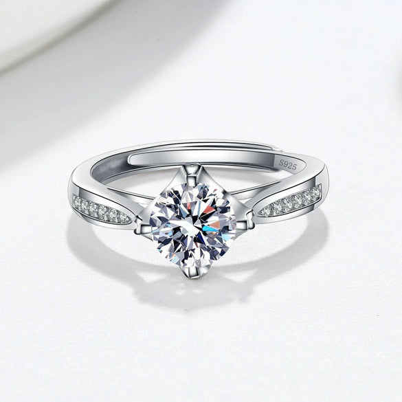 Women's Sterling Silver Moissanite Ring Four Prong Geometric Adjustable Open Band Electroplated Fine Jewelry Gift