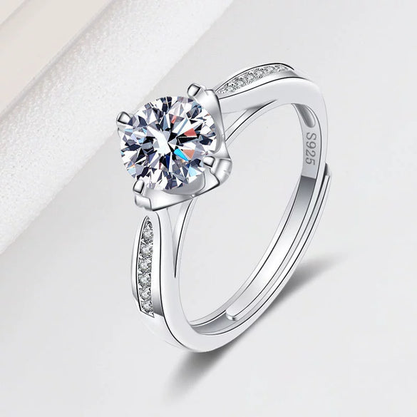 Women's Sterling Silver Moissanite Ring Four Prong Geometric Adjustable Open Band Electroplated Fine Jewelry Gift