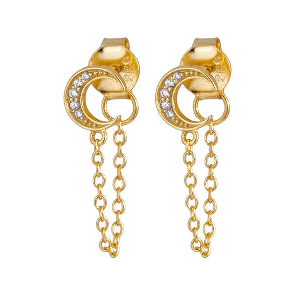 Women's Sterling Silver Moon Chain Earrings With Geometric Zircon Details And Electroplated Finish Simple Distinctive Style