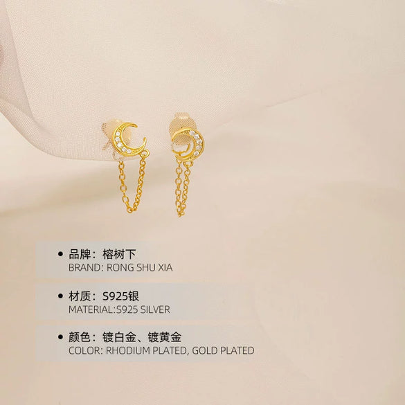 Women's Sterling Silver Moon Chain Earrings With Geometric Zircon Details And Electroplated Finish Simple Distinctive Style