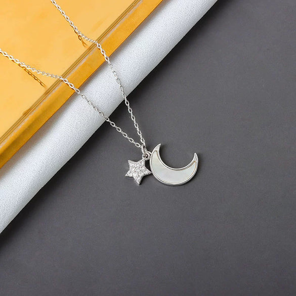 Women's 925 Sterling Silver Moon Pendant Necklace With Geometric Cross Chain Electroplated Light Luxury Jewelry