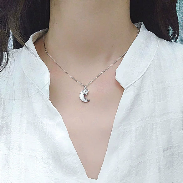 Women's 925 Sterling Silver Moon Pendant Necklace With Geometric Cross Chain Electroplated Light Luxury Jewelry