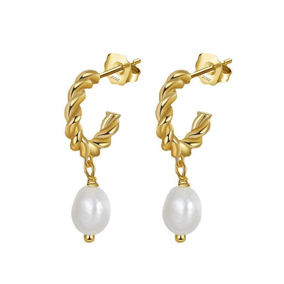 Women's 925 Sterling Silver Natural Freshwater Pearl Baroque Bead Geometric Earrings