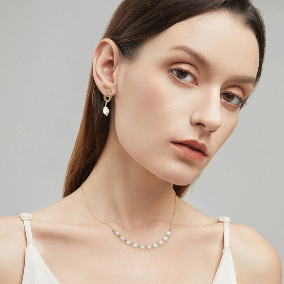 Women's 925 Sterling Silver Natural Freshwater Pearl Baroque Bead Geometric Earrings