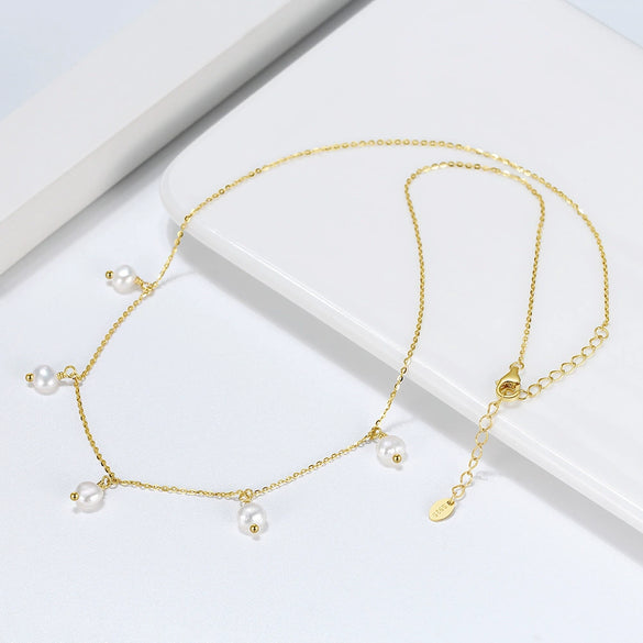 Women's 925 Sterling Silver Necklace With Natural Freshwater Pearl Geometric Pendant Retro Minimalist Electroplated Jewelry