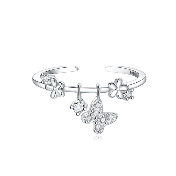 Women's 925 Sterling Silver Open Ring With Hollow Leaves And Butterfly Pattern Natural Style