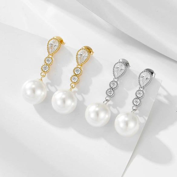 Women's Sterling Silver Pearl Inlaid Geometric Dropshaped Earrings