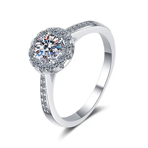 Women's 925 Sterling Silver Ring Plated With Pt950 Gold Set With Moissanite Four Claw Round Bag Design Electroplated