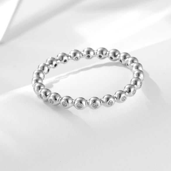 Women's Sterling Silver Ring With Small Round Beads And Diamondencrusted Geometric Design