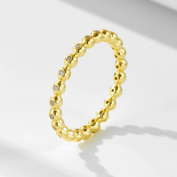 Women's Sterling Silver Ring With Small Round Beads And Diamondencrusted Geometric Design