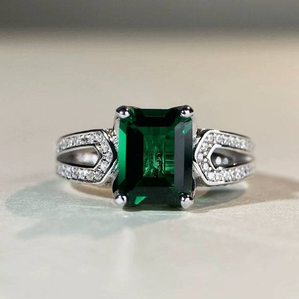 Women's Sterling Silver 925 Silver Emerald Cut Elegant Geometric Ring Electroplated