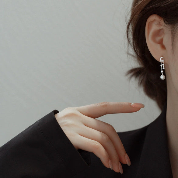Women's Sterling Silver Star And Moon Tassel Pearl Earrings With Natural Style And Electroplated Finish