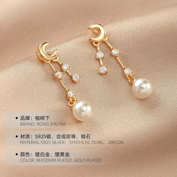 Women's Sterling Silver Star And Moon Tassel Pearl Earrings With Natural Style And Electroplated Finish