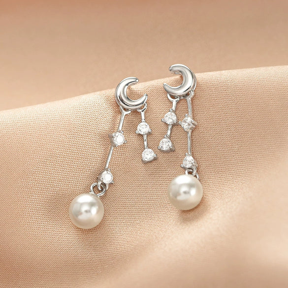 Women's Sterling Silver Star And Moon Tassel Pearl Earrings With Natural Style And Electroplated Finish