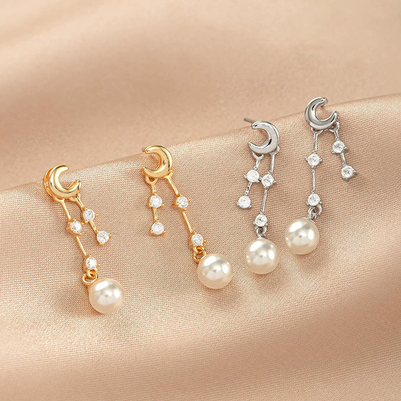 Women's Sterling Silver Star And Moon Tassel Pearl Earrings With Natural Style And Electroplated Finish
