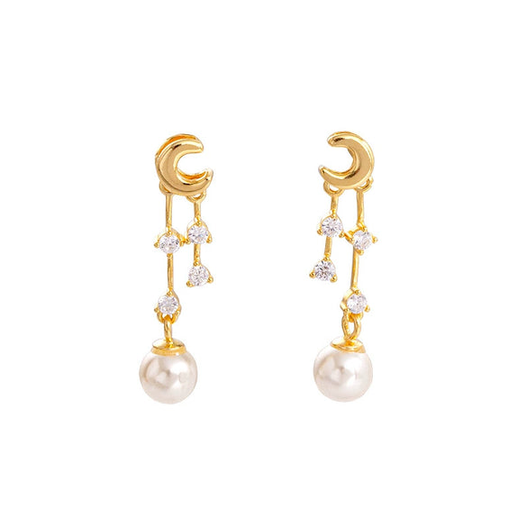 Women's Sterling Silver Star And Moon Tassel Pearl Earrings With Natural Style And Electroplated Finish