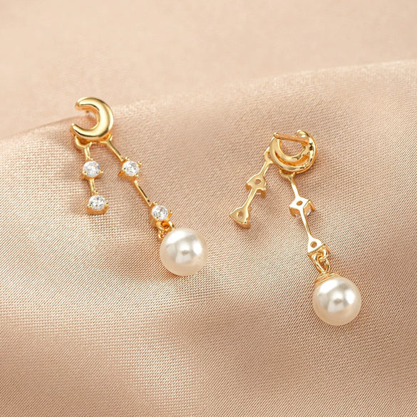 Women's Sterling Silver Star And Moon Tassel Pearl Earrings With Natural Style And Electroplated Finish