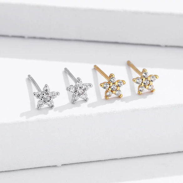 Women's Sterling Silver Star Earrings With Zircon Inlay And Electroplated Fivepoint Star Design