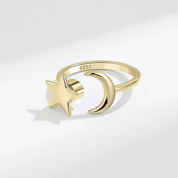 Women's 925 Sterling Silver Star Rotating Adjustable Open Ring With Electroplated Light Luxury Style