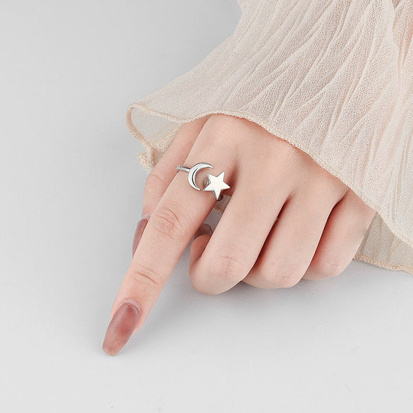 Women's 925 Sterling Silver Star Rotating Adjustable Open Ring With Electroplated Light Luxury Style