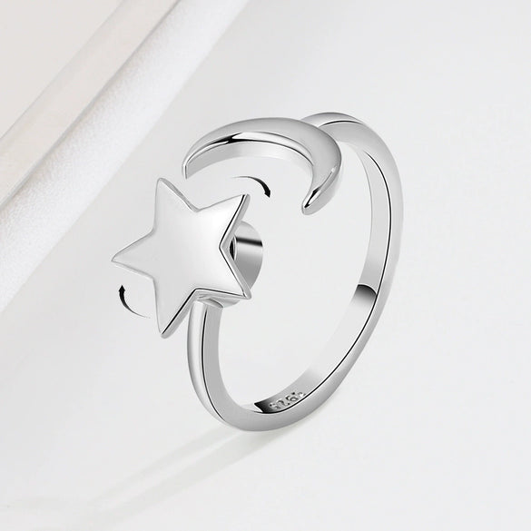 Women's 925 Sterling Silver Star Rotating Adjustable Open Ring With Electroplated Light Luxury Style