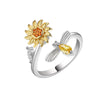 Women's Sterling Silver Sunflower Spinner Ring With Geometric Design Electroplated Adjustable Open Band