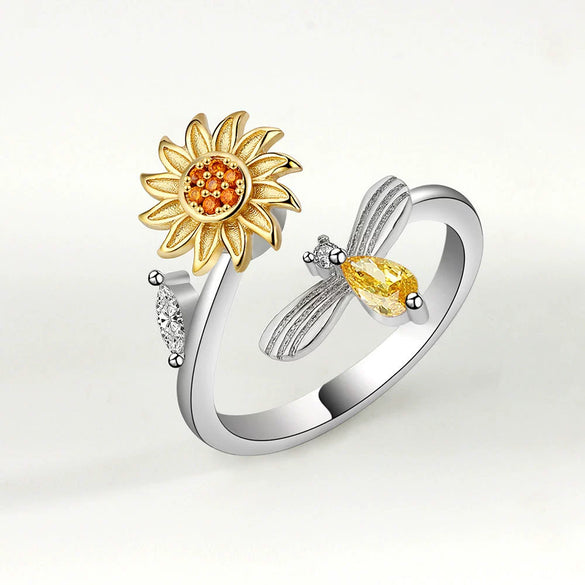 Women's Sterling Silver Sunflower Spinner Ring With Geometric Design Electroplated Adjustable Open Band