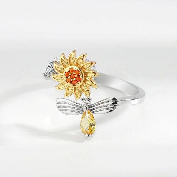 Women's Sterling Silver Sunflower Spinner Ring With Geometric Design Electroplated Adjustable Open Band