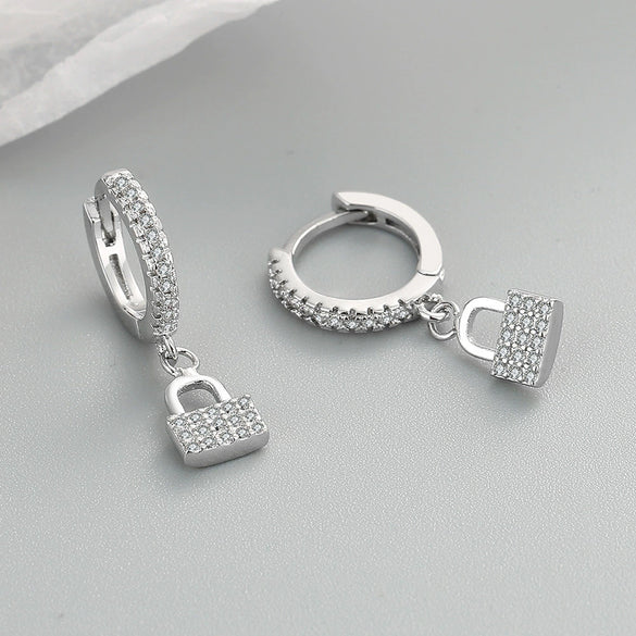 Women's 925 Sterling Silver Zircon Lock Earrings Geometric Electroplated Statement Fashion Jewelry