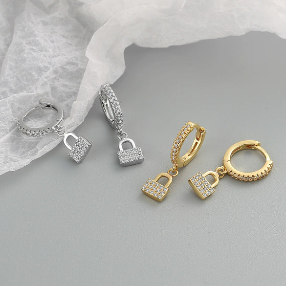 Women's 925 Sterling Silver Zircon Lock Earrings Geometric Electroplated Statement Fashion Jewelry