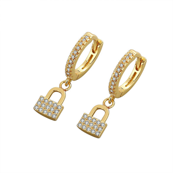 Women's 925 Sterling Silver Zircon Lock Earrings Geometric Electroplated Statement Fashion Jewelry
