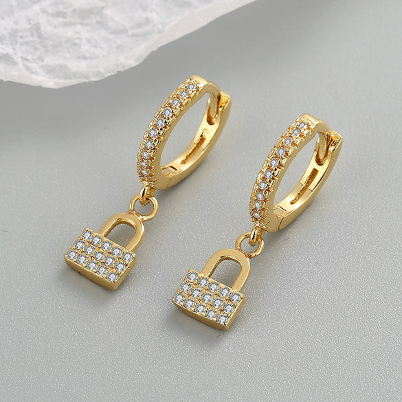 Women's 925 Sterling Silver Zircon Lock Earrings Geometric Electroplated Statement Fashion Jewelry