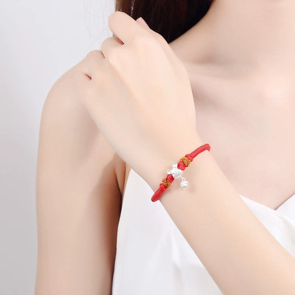 Women's 925 Sterling Silver Zodiac Rat Bracelet With Woven Red Rope Electroplated Animal Charm Birthday Memorial Jewelry