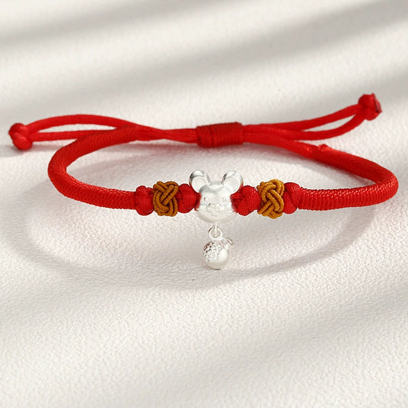 Women's 925 Sterling Silver Zodiac Rat Bracelet With Woven Red Rope Electroplated Animal Charm Birthday Memorial Jewelry