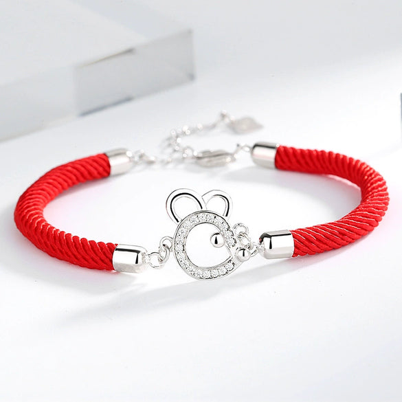 Women's 925 Sterling Silver Zodiac Rat Red Rope Bracelet Electroplated Animal Charm Fashion Hand Jewelry