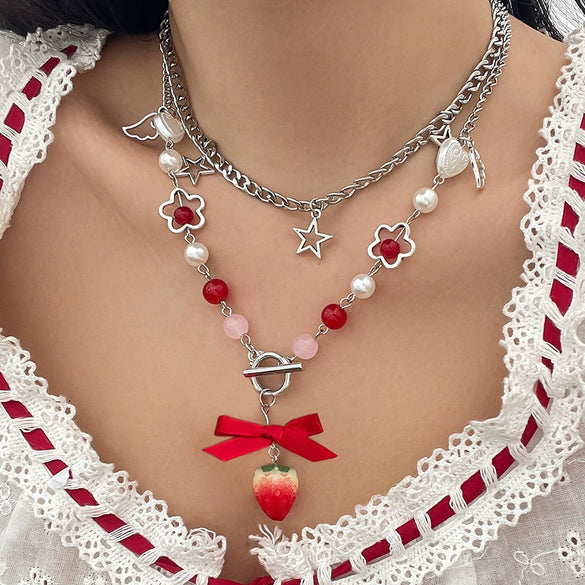 Women's Strawberry Bow Pendant Necklace With Iron Chain Imitation Pearls Alloy Acrylic Glass Beads Dripping Oil Style
