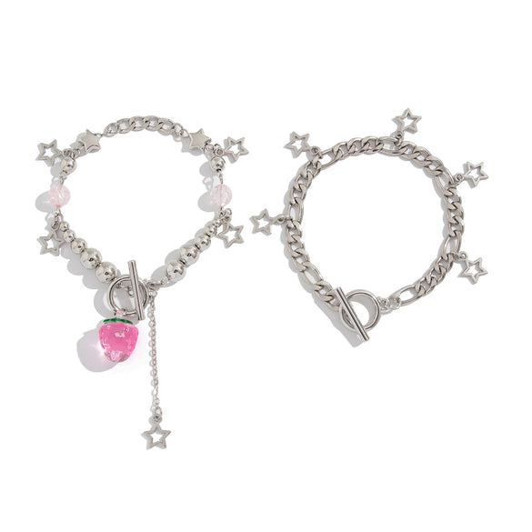 Women's Strawberry Bow Pendant Necklace With Iron Chain Imitation Pearls Alloy Acrylic Glass Beads Dripping Oil Style