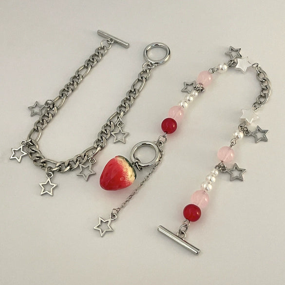 Women's Strawberry Bow Pendant Necklace With Iron Chain Imitation Pearls Alloy Acrylic Glass Beads Dripping Oil Style