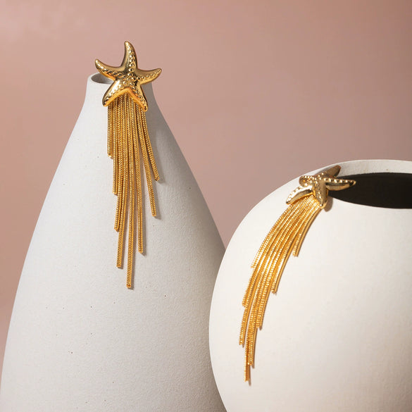 Women's Summer Fashion Stainless Steel Starfish Tassel Earrings Jewelry Electroplated Geometric Style