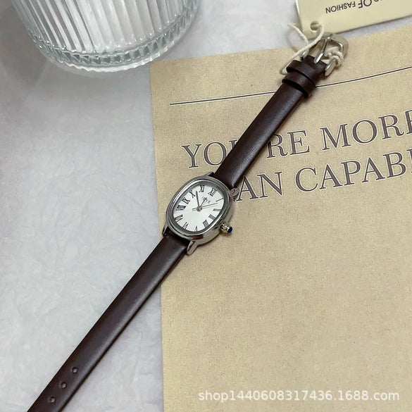 Women's Summer French Retro Alloy Case Ordinary Glass Mirror Oval Thin Band Compact Roman Golden Watch
