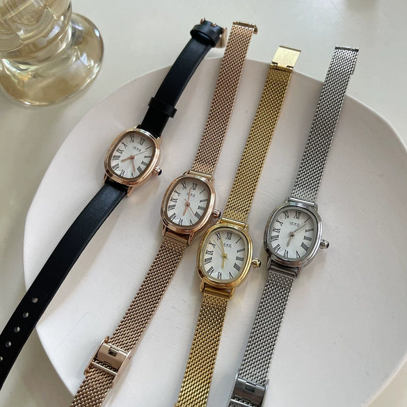 Women's Summer French Retro Alloy Case Ordinary Glass Mirror Oval Thin Band Compact Roman Golden Watch
