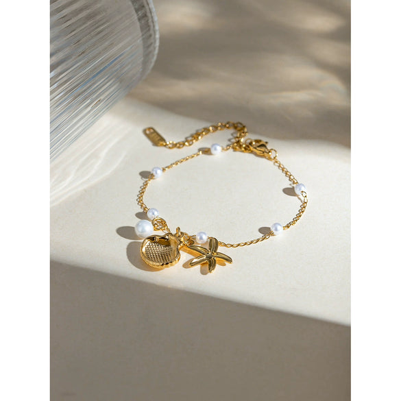 Women's Summer Stainless Steel Pearl Chain With Shell Starfish Pendant And Electroplated Geometry Design Bracelet Jewelry
