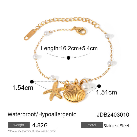 Women's Summer Stainless Steel Pearl Chain With Shell Starfish Pendant And Electroplated Geometry Design Bracelet Jewelry